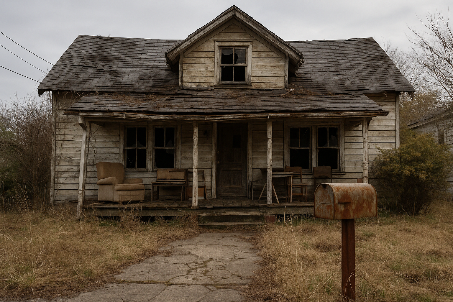 generate an image with a messy and ugly looking house that is almost impossible to be sold