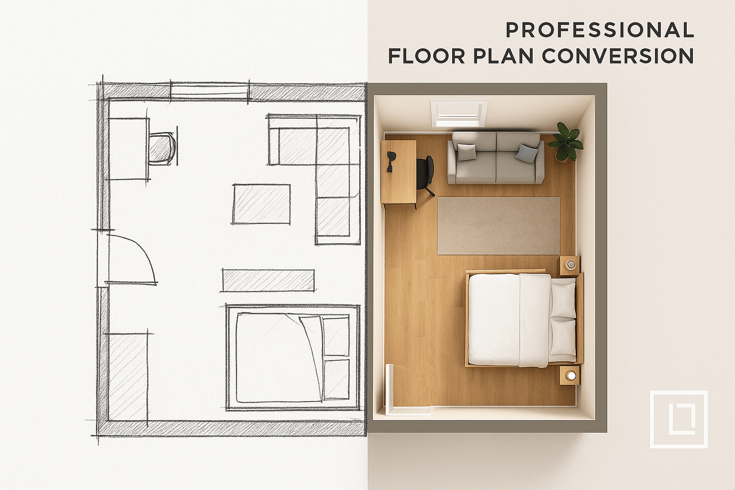 Professional floor plan service comparison showing hand sketch to 3D conversion
