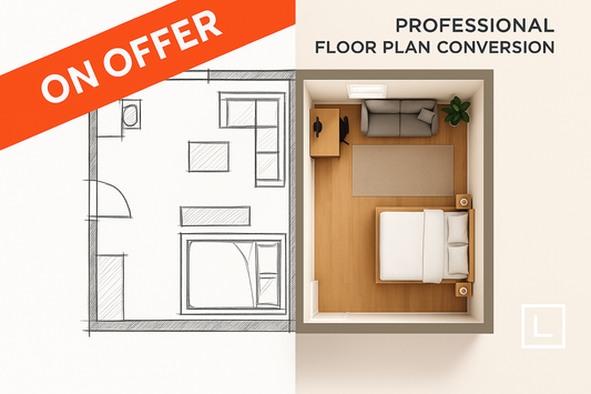 Professional floor plan service comparison with promotional offer ribbon