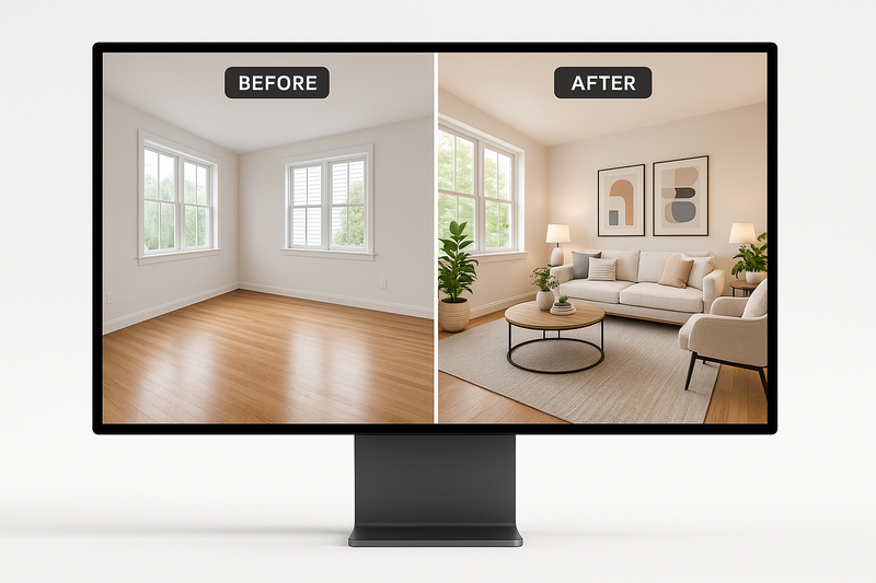 Virtual staging for real estate editing and before and after in a computure