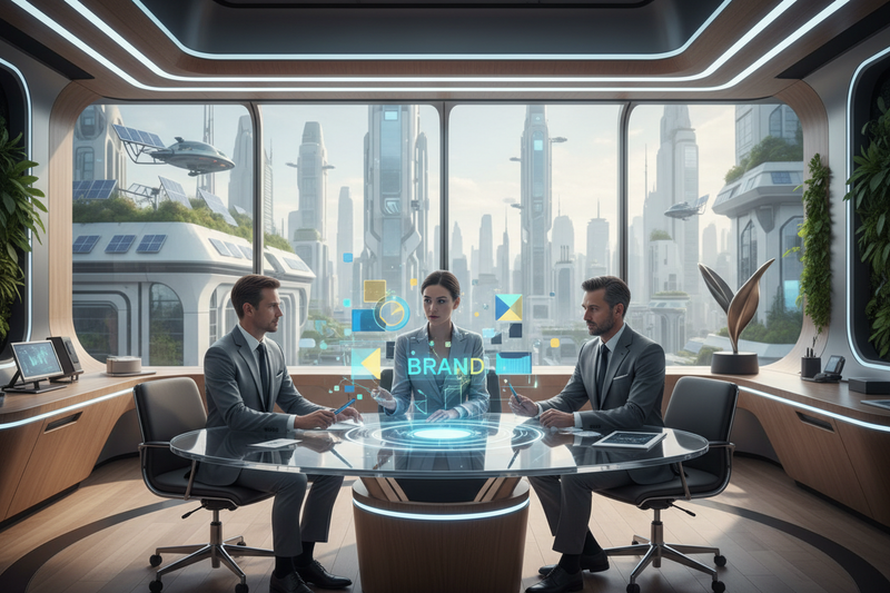 Future Ready Brands Elegant Media Solutions in a futuristic business meeting setting.