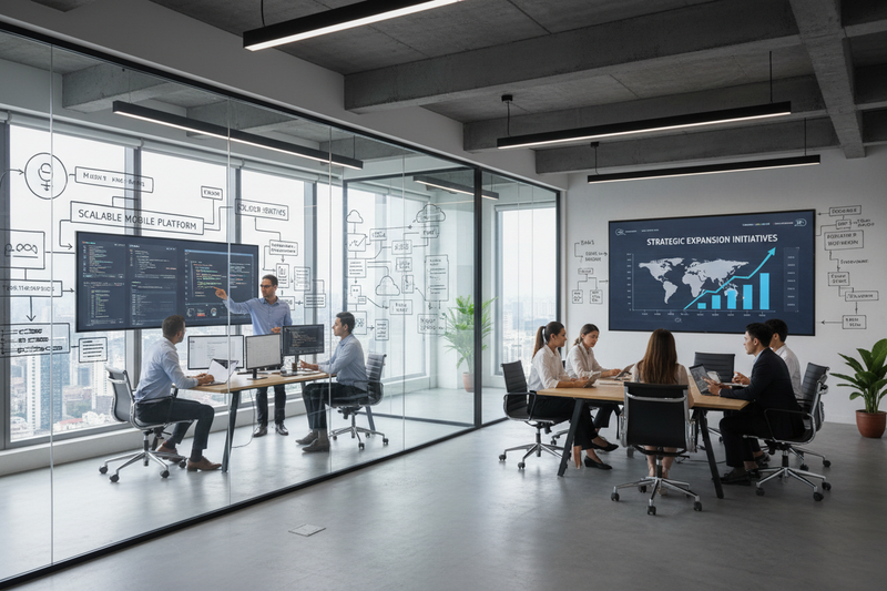 Meeting room discussing Robust Mobile Solutions with data analytics and strategic planning visuals.