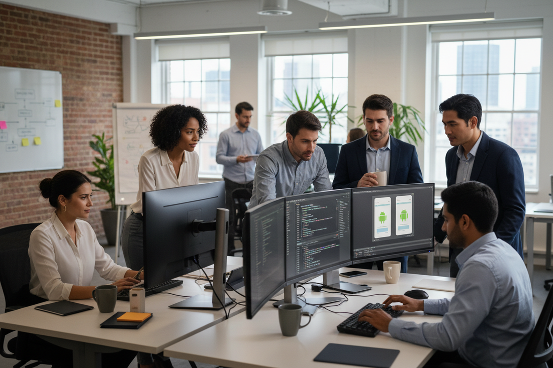 Team collaborating on Cross-Platform App Development 2026 in a modern office setting.