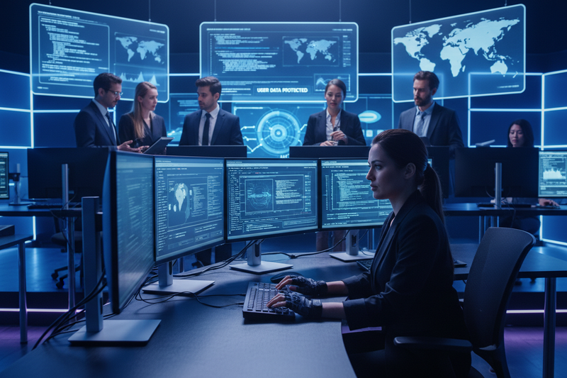 Professionals analyzing data in a tech hub focusing on Privacy-First Mobile App Security 2026.