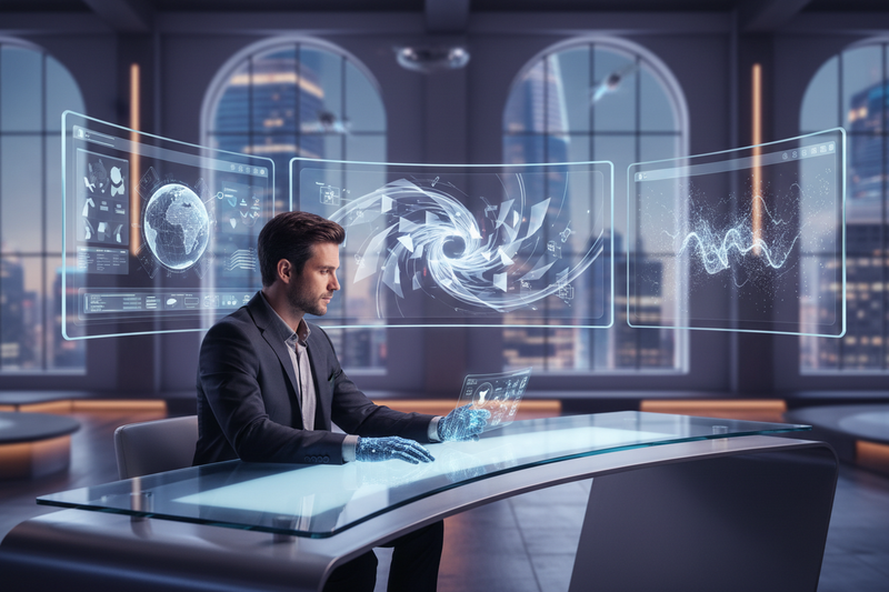 A professional analyzing data trends with holographic displays, reflecting Digital Branding Trends 2026 Elegant Media.