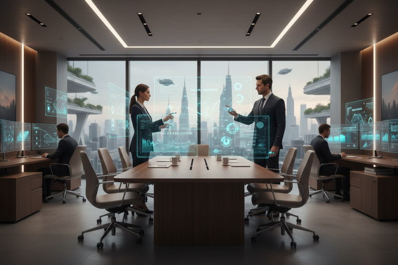 Elegant Media Solutions 2026 Digital Communication in a modern conference room with futuristic displays.