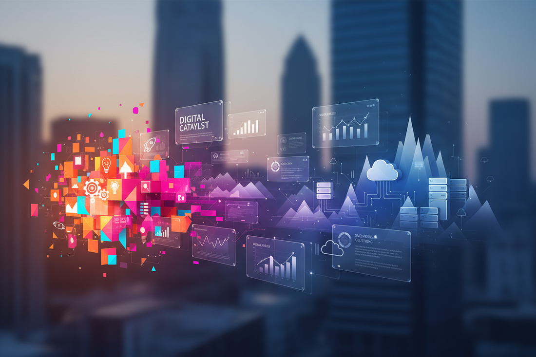 From Startup to Enterprise: Scalable Digital Solutions by Elegant Media, illustrating digital transformation and analytics.