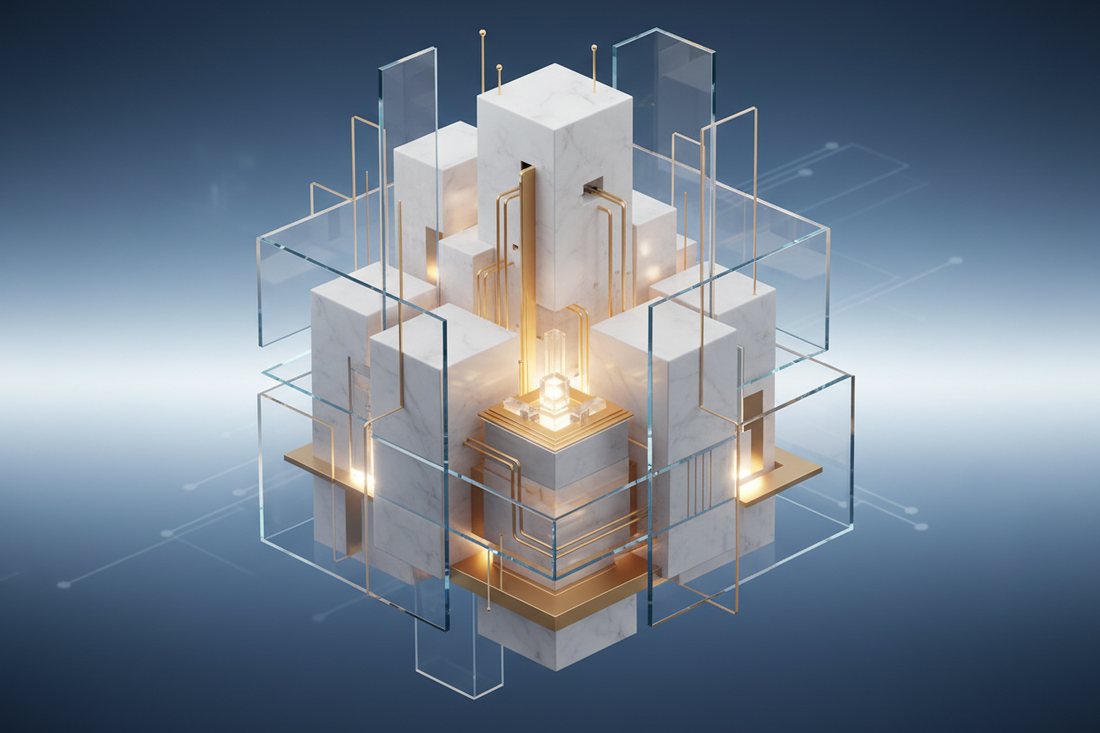 A sleek digital artwork representing Ethical Transparent Marketing Elegant Media with futuristic structures and lighting.