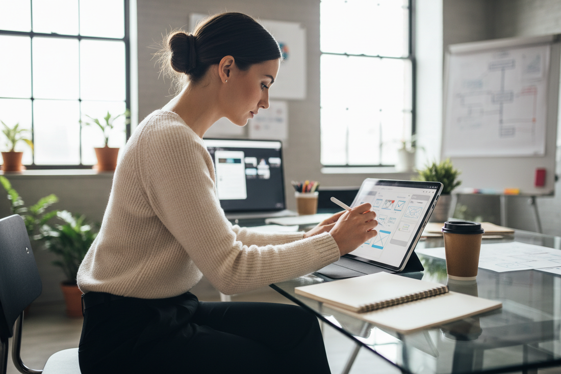 User-First Mobile Design strategies being illustrated by a woman on a tablet in a modern workspace.