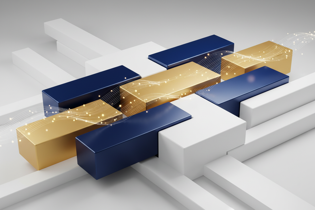 Future Ready Brands Elegant Media Solutions design featuring interconnected geometric blocks in blue and gold.