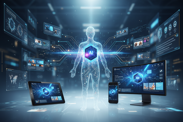 Hyper-Personalized Media Campaigns illustrated with AI technology and digital interfaces on various devices.