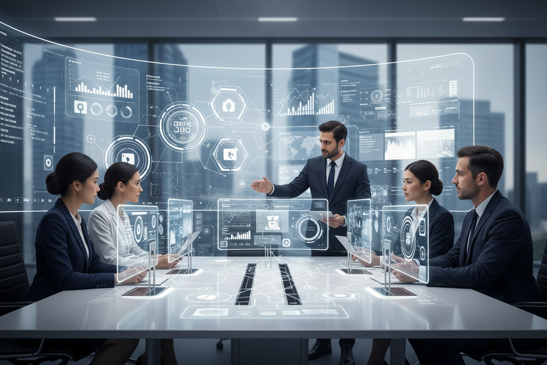 Professional meeting showcasing End-to-End Digital Solutions with data analytics and team collaboration.