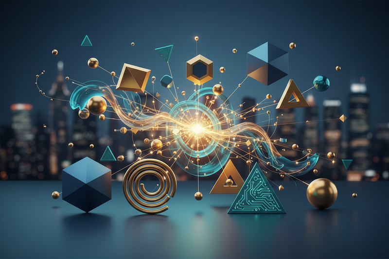 Visual representation of Integrated Media Solutions 2026 power and strategy with geometric shapes and glowing elements.