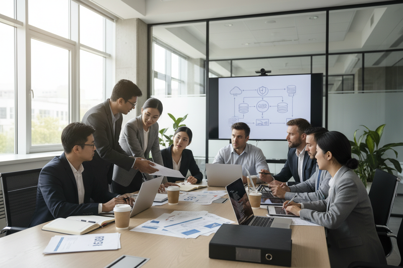 Business meeting discussing Data Compliance Regulations among colleagues at a conference table.