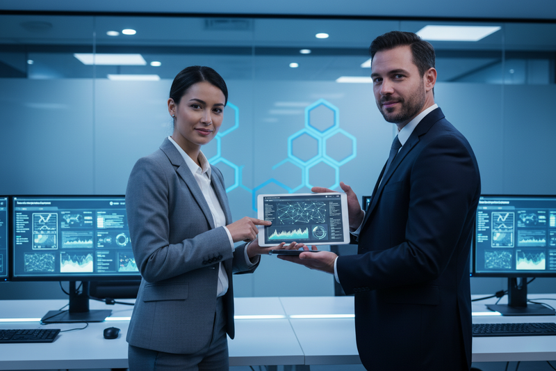 Professionals showcasing data on tablet about Machine Learning Mobile Apps in a modern office setting.