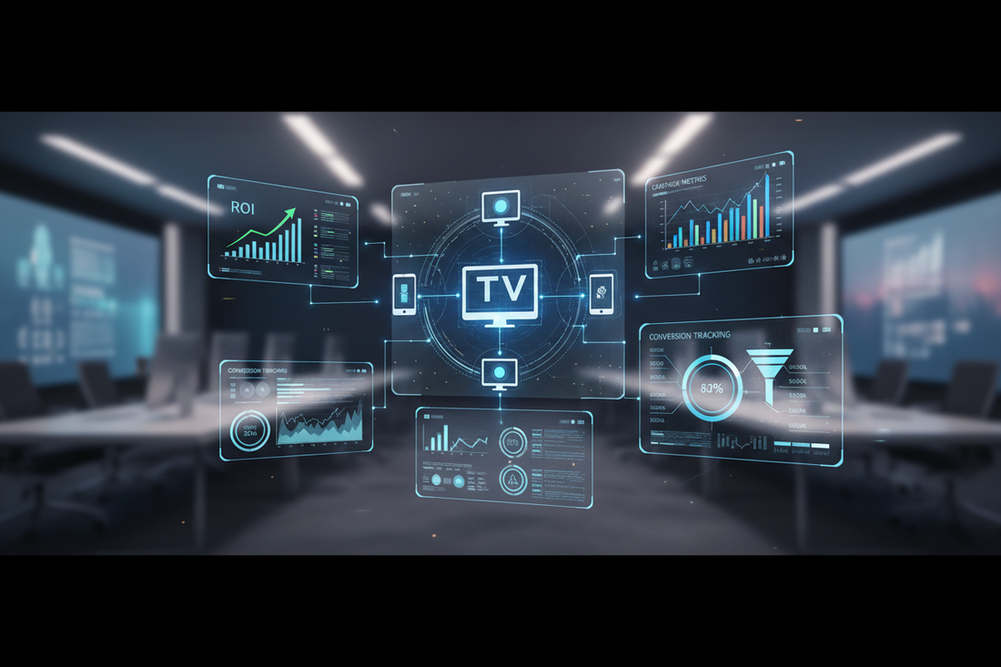 Performance Marketing Strategy visualized through multiple data analytics screens in a modern conference room.