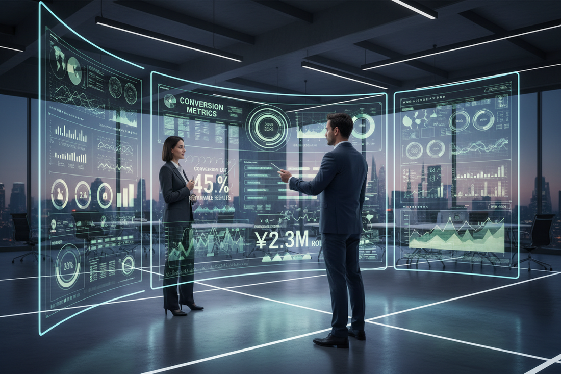 Performance Marketing Precision Elegant Media conversation in a futuristic office with digital metrics and data displays.