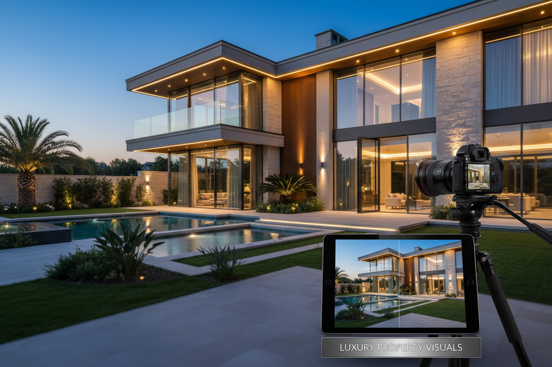 Real Estate Visual Media showcasing a modern luxury home with a pool and landscape during twilight.