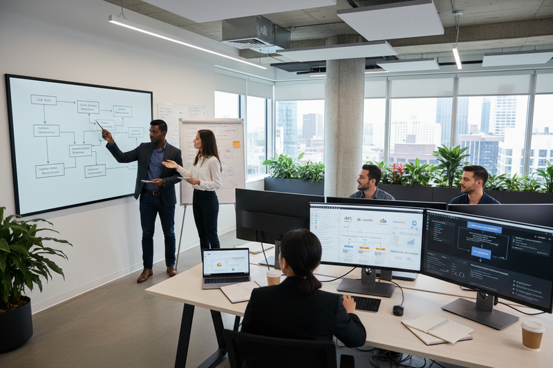 Team discussing Scalable Mobile Apps strategies in a modern office setting.