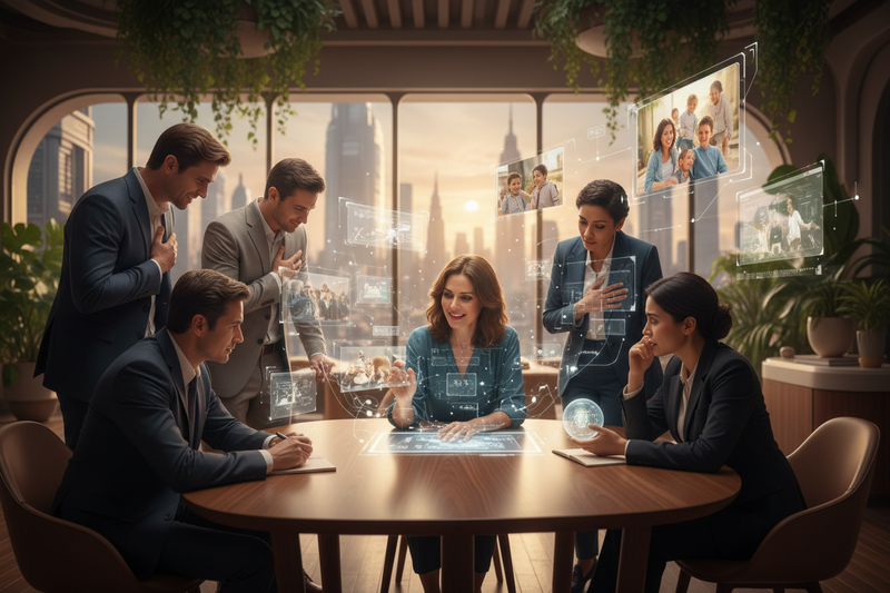 Storytelling 2026 Elegant Media Brand Trust Builder team discussing innovative ideas around a futuristic table.