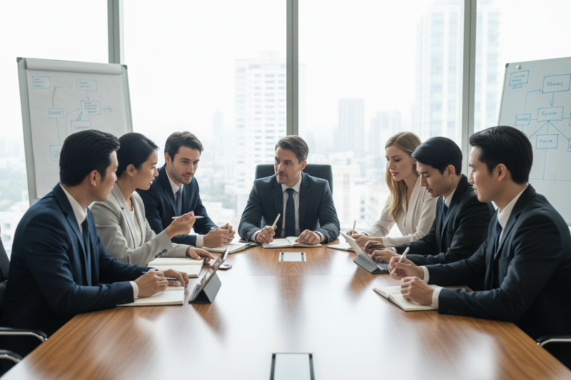 Team discussion on Mobile App Growth Strategies 2026 at a modern conference table.