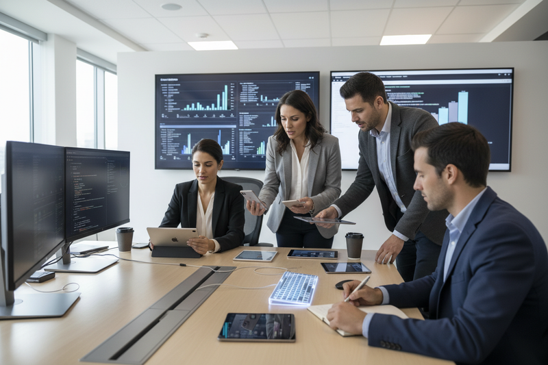 High-Performance Cross-Platform Apps team collaborating in a modern office setting with multiple screens.