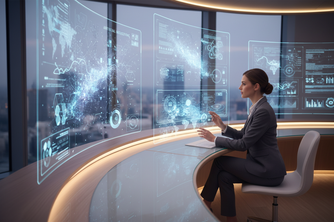 AI Automation Elegant Media Solutions Role and impact in digital technology depicted in a modern workspace.