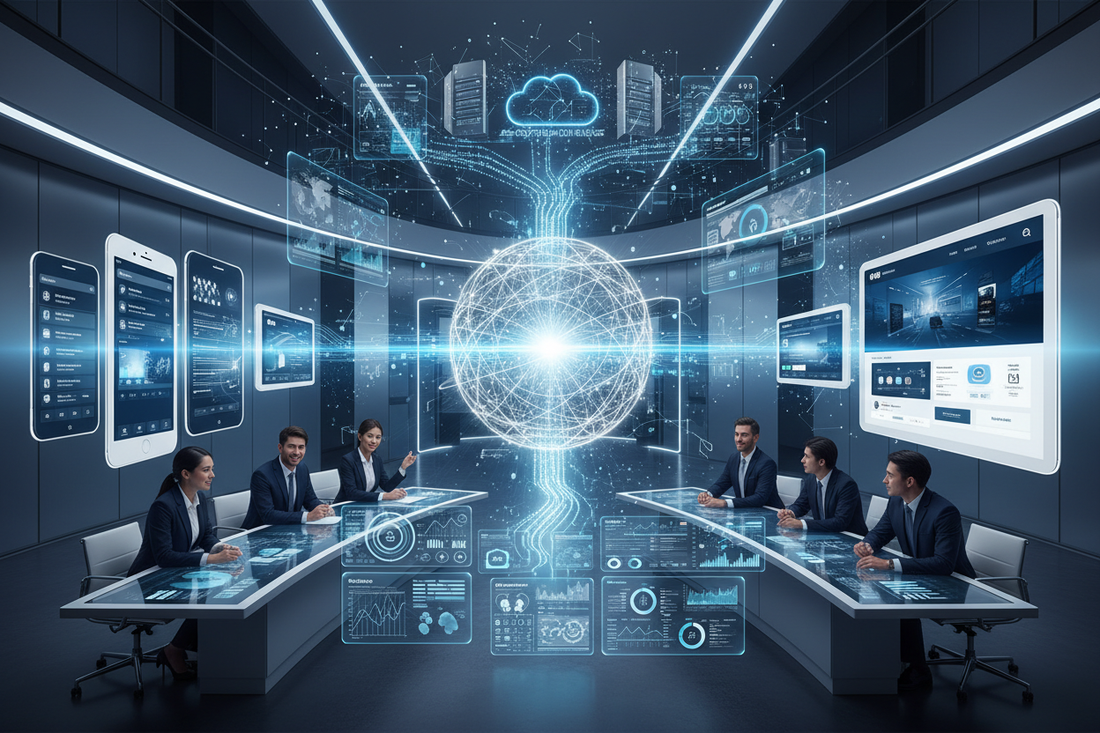 A conference room with professionals discussing Hyper-Personalized Media Campaigns and AI-driven marketing strategies.