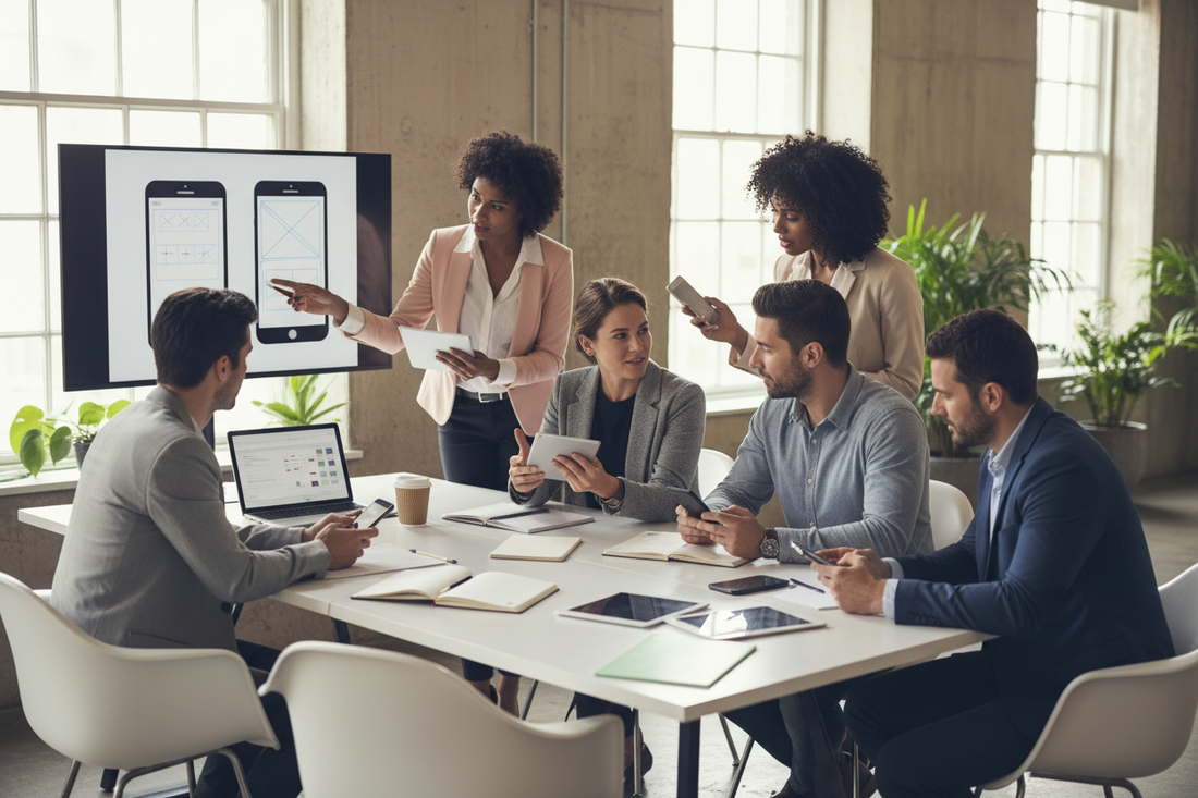 Team collaborating on High-Performance User-First Apps design in a modern office setting.