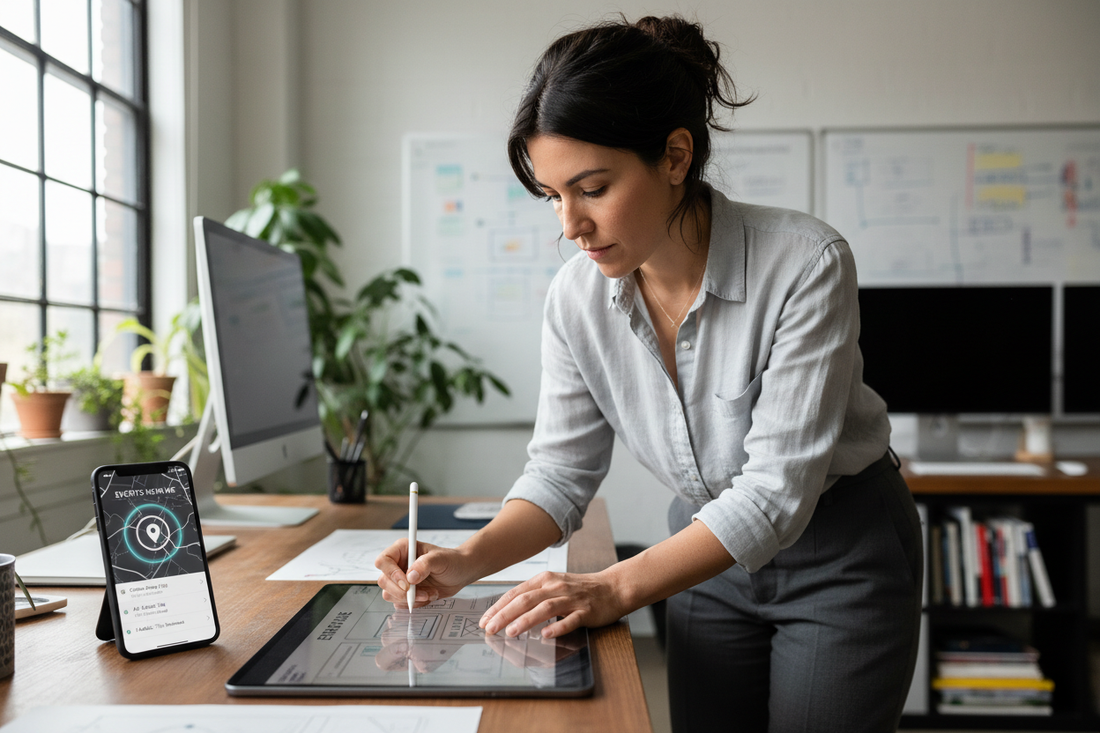 A designer working on context-aware app design on a tablet, with a mobile device displaying app concepts.