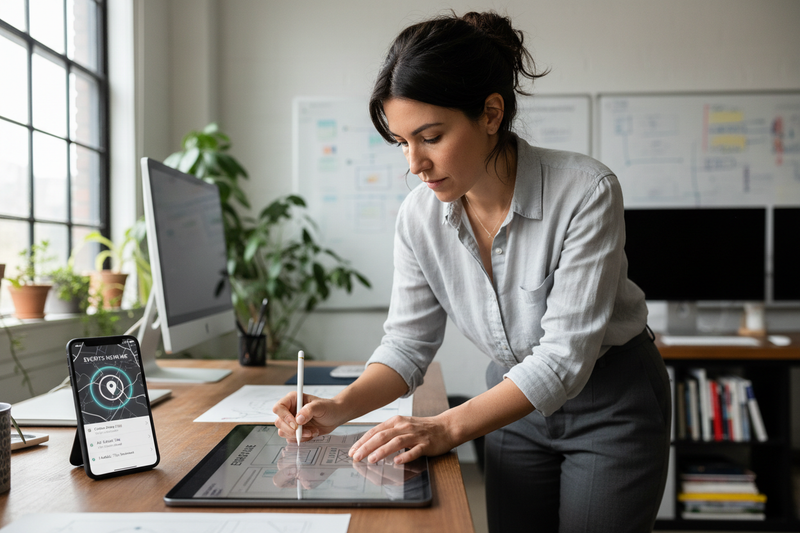 A designer working on context-aware app design on a tablet, with a mobile device displaying app concepts.