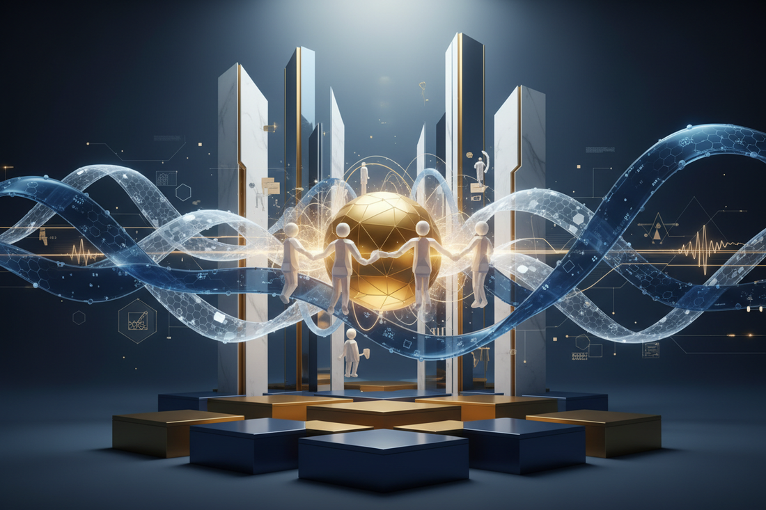 Elegant Media Solutions future vision with digital elements and global connectivity concept.