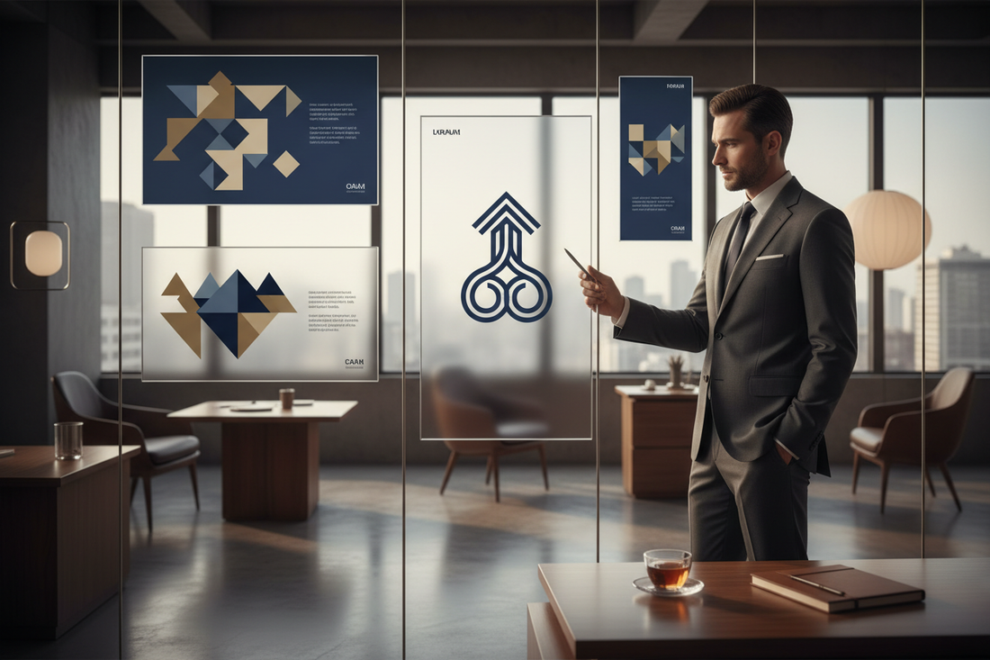 Elegance Modern Media Strategies Matters showcased in a modern office presentation with geometric designs.