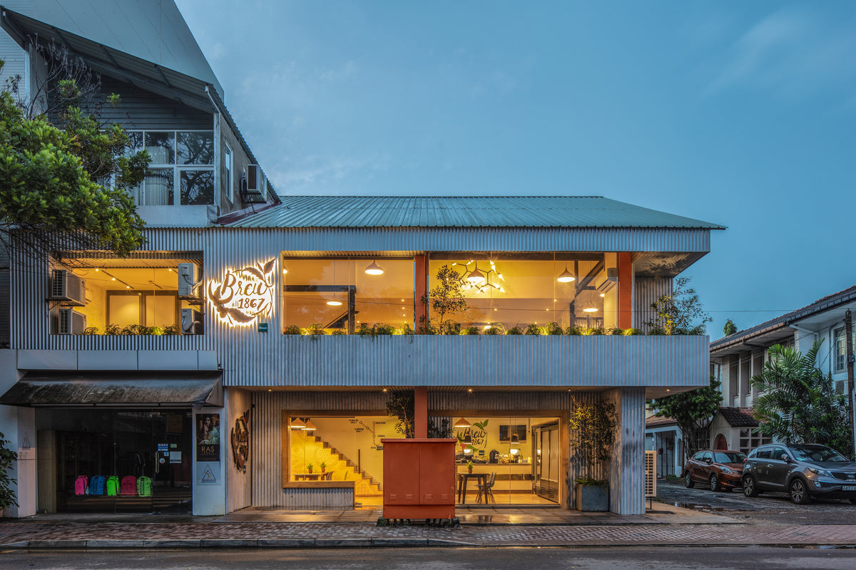 Modern commercial office boardroom with glass walls and workspace — professional photo editing example